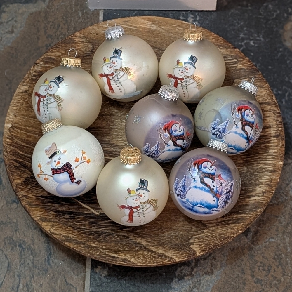 Vintage Glass Ball Snowman Christmas Ornament Lot Of 8